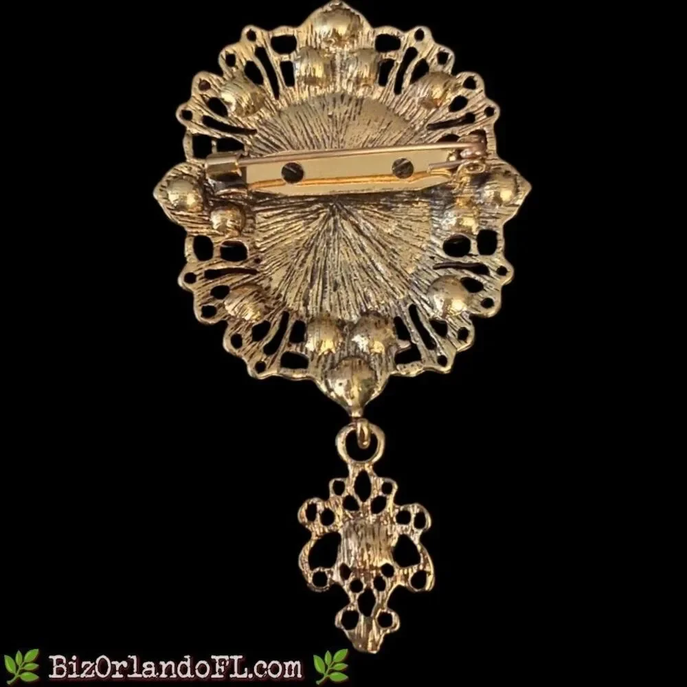 Modern Victorian Revival Cameo Brooch Gold Tone Amber Rhinestone Dangle Pin
